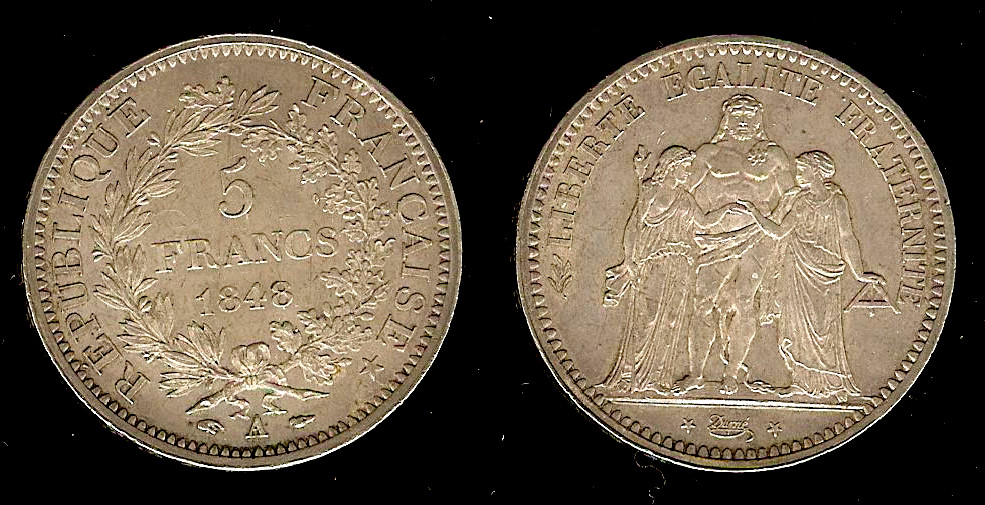 5 francs Hercule, IIe République 1848 Paris SPL-